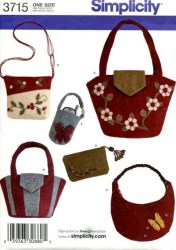 3715 SIMPLICITY 6 FELT/ BROADCLOTH LINED SHAPED SIZED BAGS, PURSES PATTERN uncut